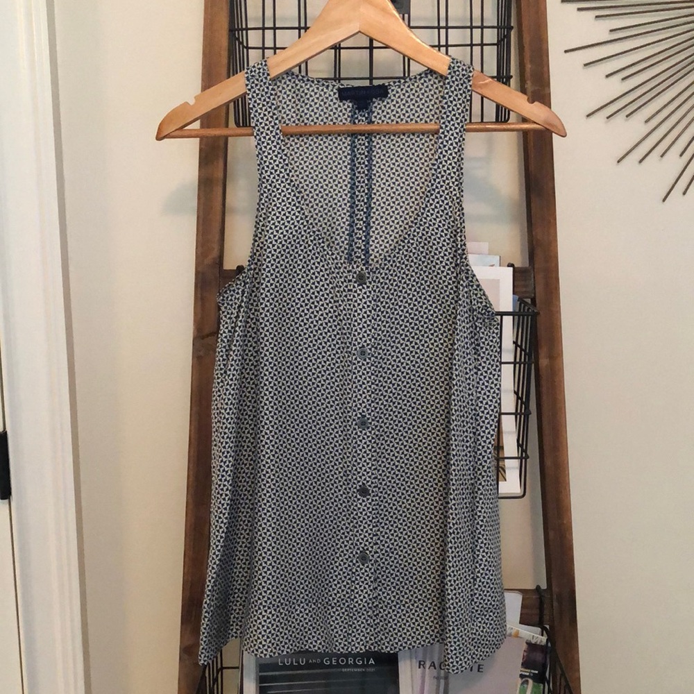 Blue and White Patterned Button Up Tank Top XS